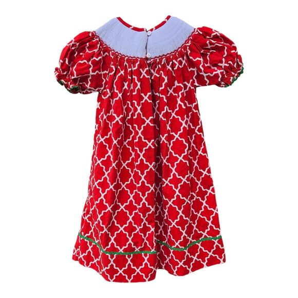 The Smocked Shop Red Embroidered Christmas Tree Dress Girls Size 4 Holiday - Picture 2 of 8